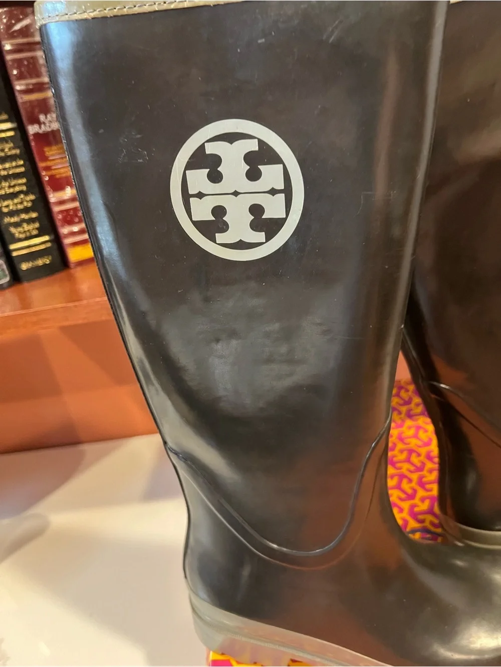 Tory Burch Black Rain Boots with Grey Trim and Logo